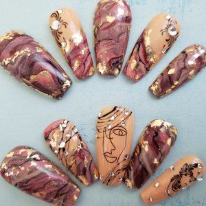 Medium Ballerina-Coffin Gel Press on Nails " Golden Soil "